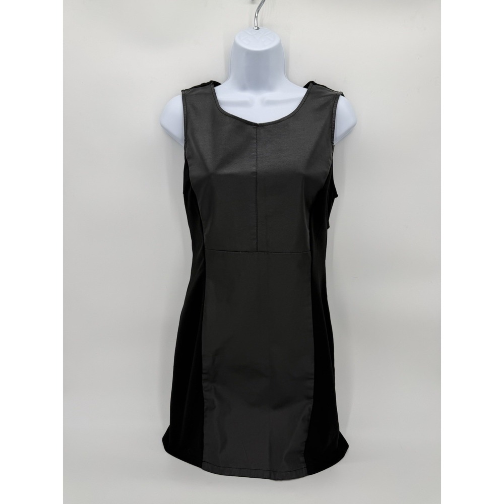 Forever 21 sleeveless black faux leather front shift dress Size L Stretch Back